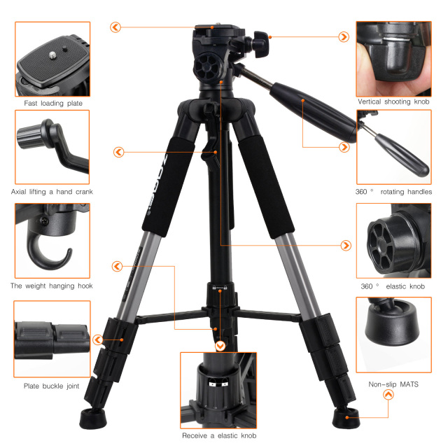 ZOMEi Q111 Portable Aluminum Tripod Stand Kit for Live Broadcast Video Photography and Wildlife Photography