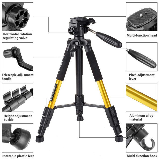 ZOMEi Q111 Lightweight Backpacking Tripod Kit 4-Section with 3-Way Pan Head and Carrying Case for Home Travel Photography Camera DV -Gold