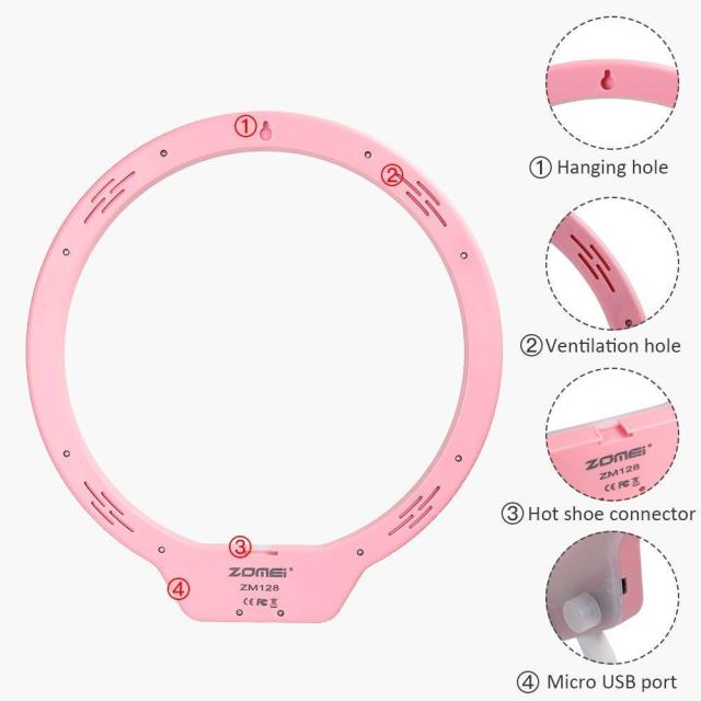 ZOMEI 10 Inch Dimmable LED Ring Light for Selfie Makeup with Mirror, Phone Holder (Pink)