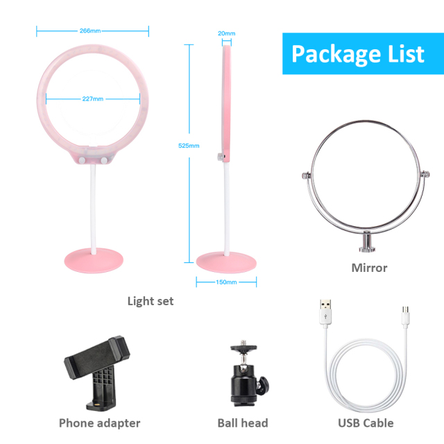 ZOMEi Ring Light for Live Broadcast with Phone Holder Stepless Dimming Bi-color 7.5W Tabletop Lighting Kit with Mini Ball Head and Mirror