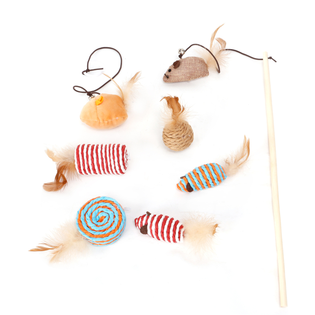 7 Pcs Cat Feather Toys Kitten Toys Assortments Wand Interactive Feather Toy with Fluffy Mouse, Crinkle Balls for Cat Indoor