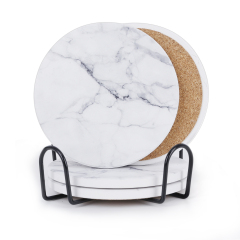 Drink Coasters with Holder, Absorbent Coaster Sets of 4, Marble Style Ceramic Drink Coaster for Tabletop Protection,Suitable for Kinds of Cups, Wooden