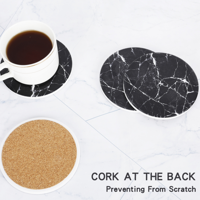 Drink Coasters with Holder, Absorbent Coaster Sets of 4, Marble Style Ceramic Drink Coaster for Tabletop Protection,Suitable for Kinds of Cups, Wooden