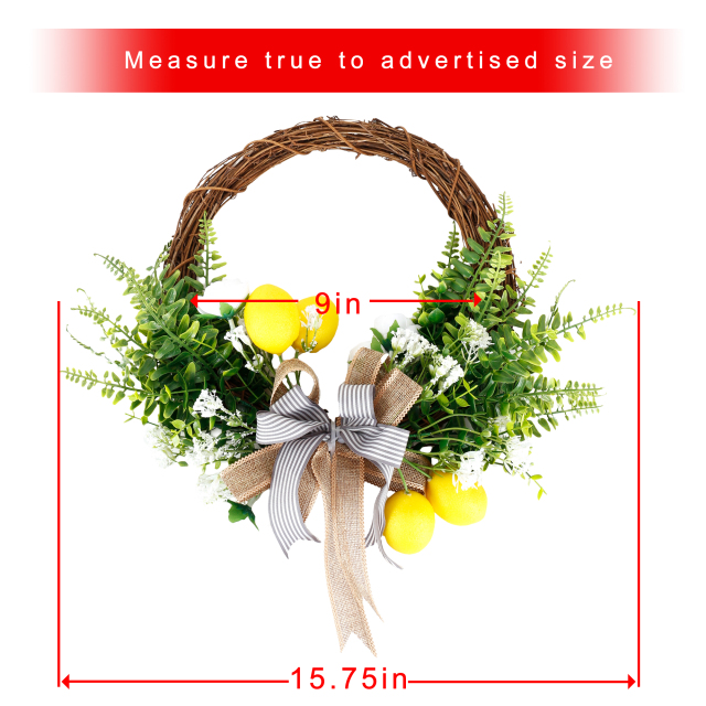 Artificial Lemon Wreath with Camellia, Persian Leaves, Lemon and Ribbon,16 Inches Grapevine Wreath for Front Door,Festival Celebration Wall Window Po