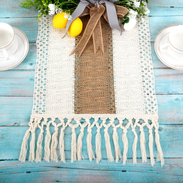 Karlesi Table Runner,Cotton and Natural Burlap Splicing Table Runner with Tassels,Hand Woven Natural Farmhouse Table Runner for Bohemian Wedding Home