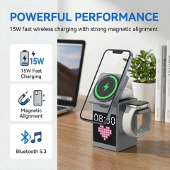 15W 5-in-1 Magnetic Wireless Fast Charging Dock: Multi-Device Charging Station with Alarm Clock, Wireless Speaker, Pixel Display for iPhone/Android