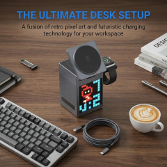 15W 5-in-1 Magnetic Wireless Fast Charging Dock: Multi-Device Charging Station with Alarm Clock, Wireless Speaker, Pixel Display for iPhone/Android