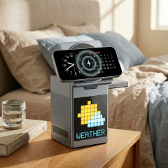 15W 5-in-1 Magnetic Wireless Fast Charging Dock: Multi-Device Charging Station with Alarm Clock, Wireless Speaker, Pixel Display for iPhone/Android