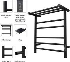 KWW Towel Warmer Wall Mount Electric Plug-in/ Heated Towel Rack Matte Black