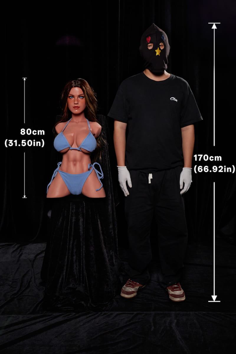 ULW 663# Emma: This full front-view comparison photo with marked dimensions directly showcases the height and body proportion relationship between the 80cm (31.50in) doll in a blue bikini and the 170cm (66.92in) person standing alongside.