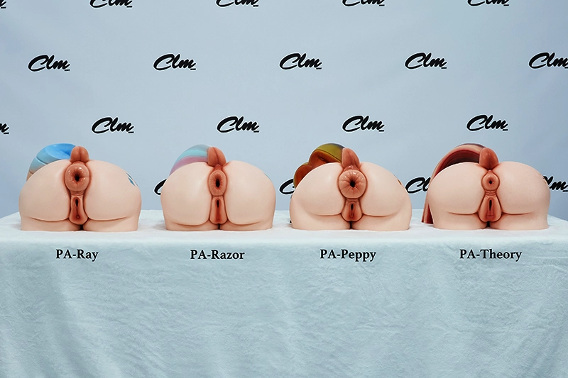This collection group shot displays four products from the PA series laid flat side-by-side, from left to right: PA-Ray, PA-Razor, PA-Peppy, and PA-Theory, providing a direct contrast of their distinct private area structures and different gradient-colored tails.