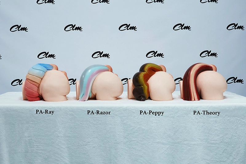 This collection group shot displays four products from the PA series laid flat side-by-side, from left to right: PA-Ray, PA-Razor, PA-Peppy, and PA-Theory, providing a direct contrast of their four distinct plump hip silhouettes and completely different colorful horse tail designs from a rear-quarter perspective.