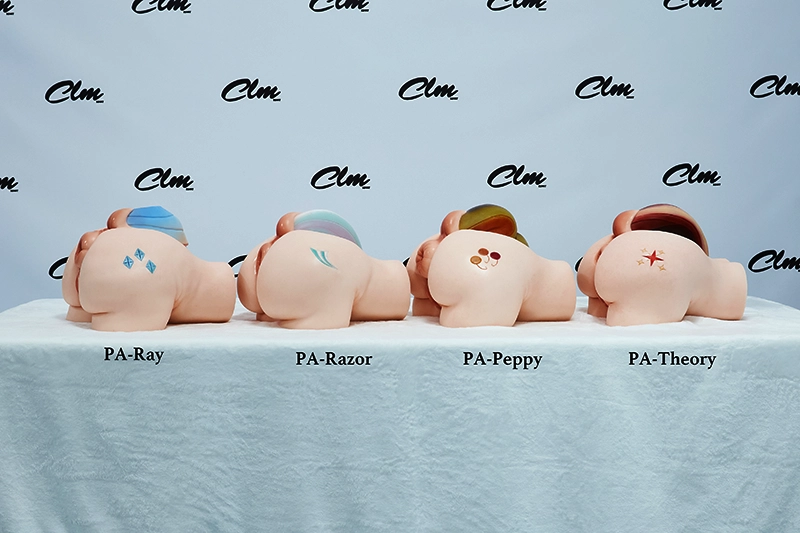 This collection group shot displays four products from the PA series laid flat side-by-side, from left to right: PA-Ray, PA-Razor, PA-Peppy, and PA-Theory, providing a direct contrast of the unique signature emblems and plump side profiles on one side of each product's hip.