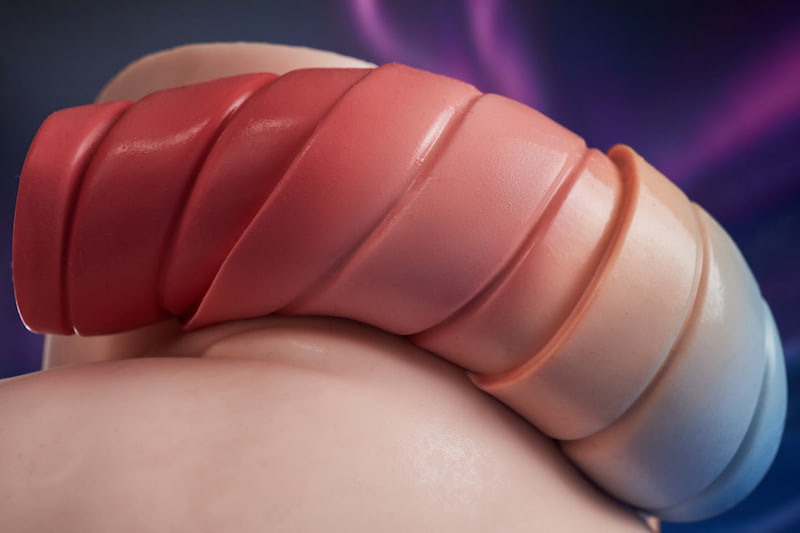 PA-Ray: This close-up partial shot focuses on the mid-to-rear section of the tail from an upper-side view, highlighting its plump, smooth skin texture and the natural color transitions from pink to light brown and light blue across the spiral segments.