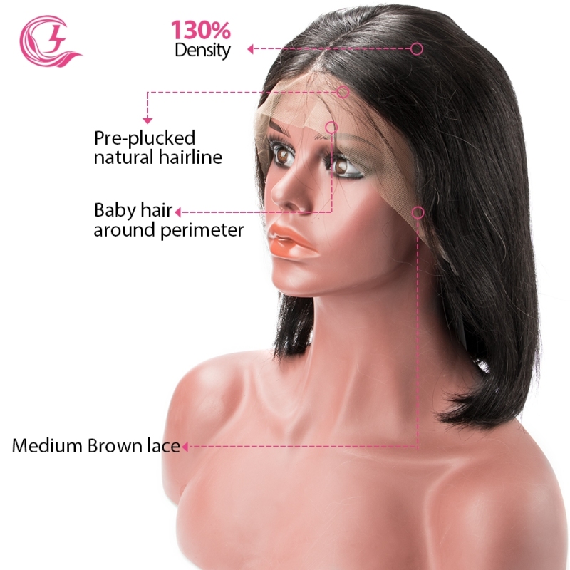 Virgin Hair BOB Lace Front Wig Straight 130% Density  Medium Brown Lace Wholesale