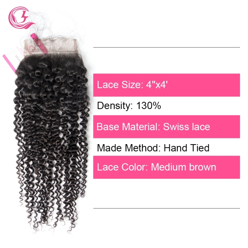 Virgin Hair of Kinky Curl  4X4 closure Natural black color 130 density For Medium High Marke