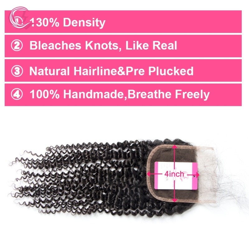 Virgin Hair of Kinky Curl  4X4 closure Natural black color 130 density For Medium High Marke