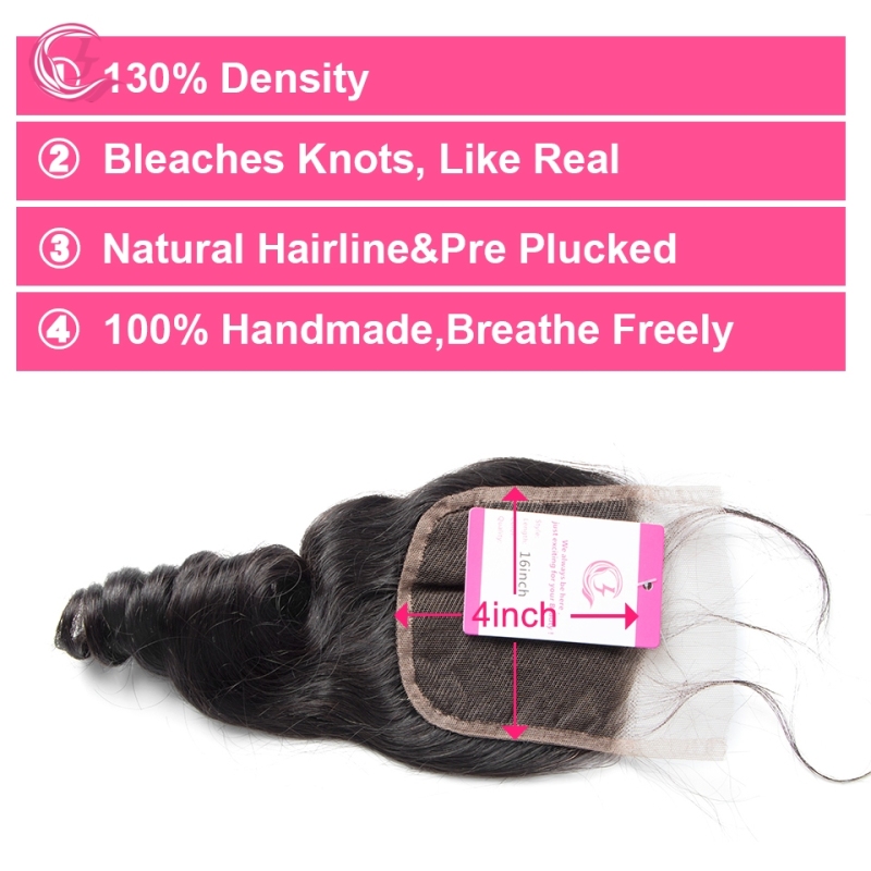Virgin Hair of Loose Wave  4X4 closure Natural black color 130 density For Medium High Marke