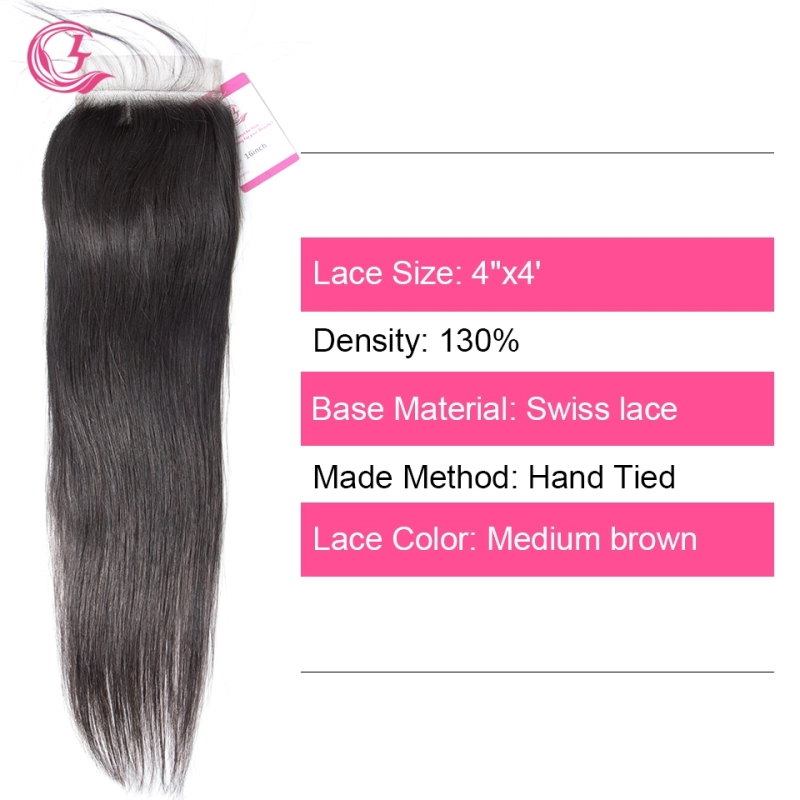 Virgin Hair of Straight 4X4 closure Natural black color 130 density For Medium High Marke