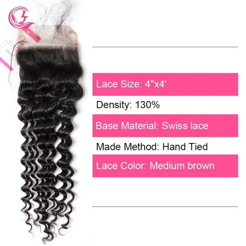 Unprocessed Raw Hair Deep Wave 4x4 Closure Natural Color Medium Brown 130 density