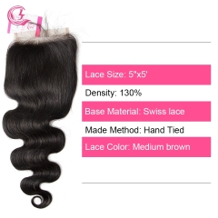 Unprocessed Virgin hair Body Wave 5x5 Closure Natural Color Medium Brown 130 density