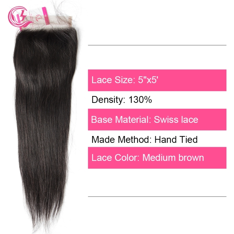 Unprocessed Virgin hair Straight 5x5 Closure Natural Color Medium Brown 130 density