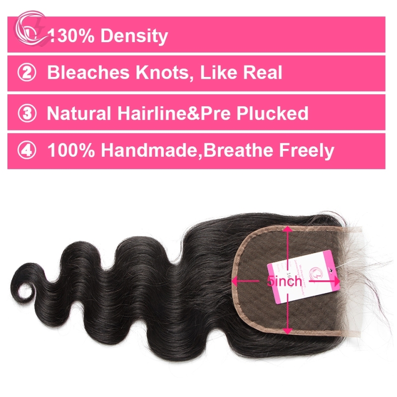 Unprocessed Virgin hair Indian Wave  5x5 Closure Natural Color Medium Brown 130 density