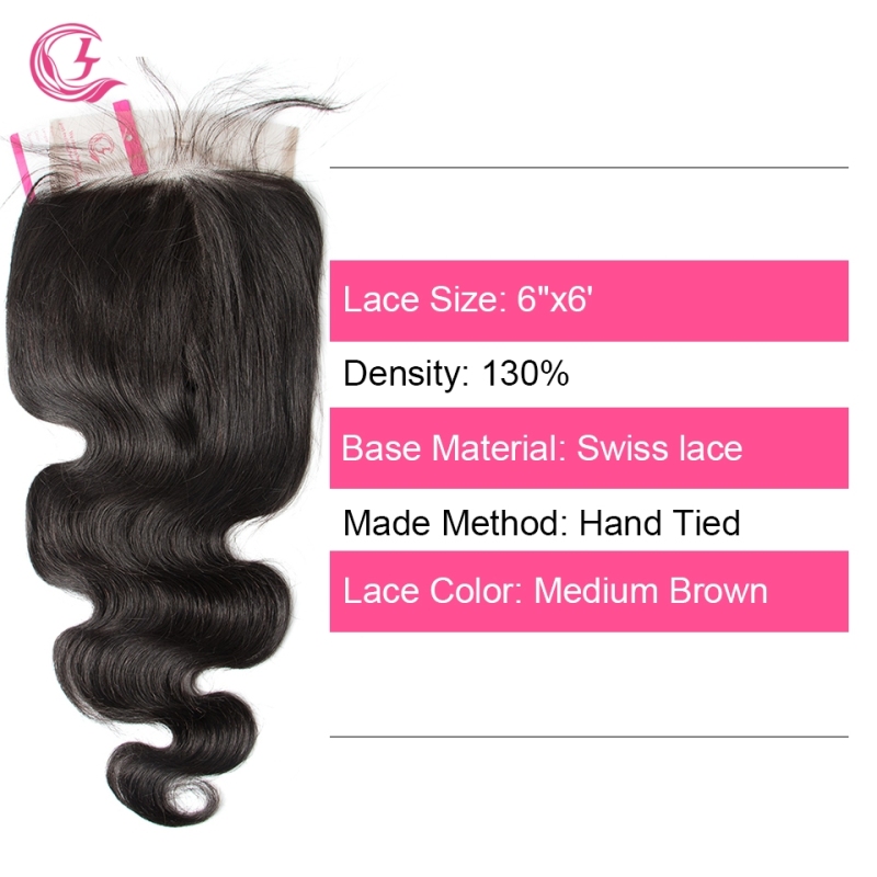 Virgin hair  Body wave 6x6 Closure Natural Color Medium Brown 130 density