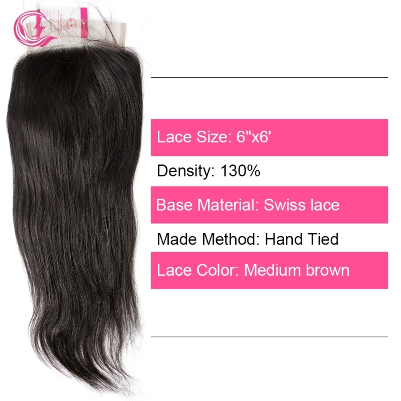 Virgin hair  Straight  6x6 Closure Natural Color Medium Brown 130 density