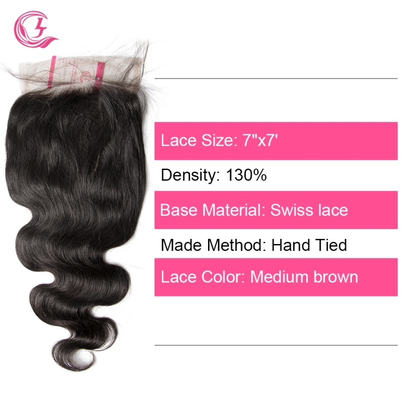 Unprocessed Raw hair  Indian Wave  7x7 Closure Natural Color Medium Brown 130 density