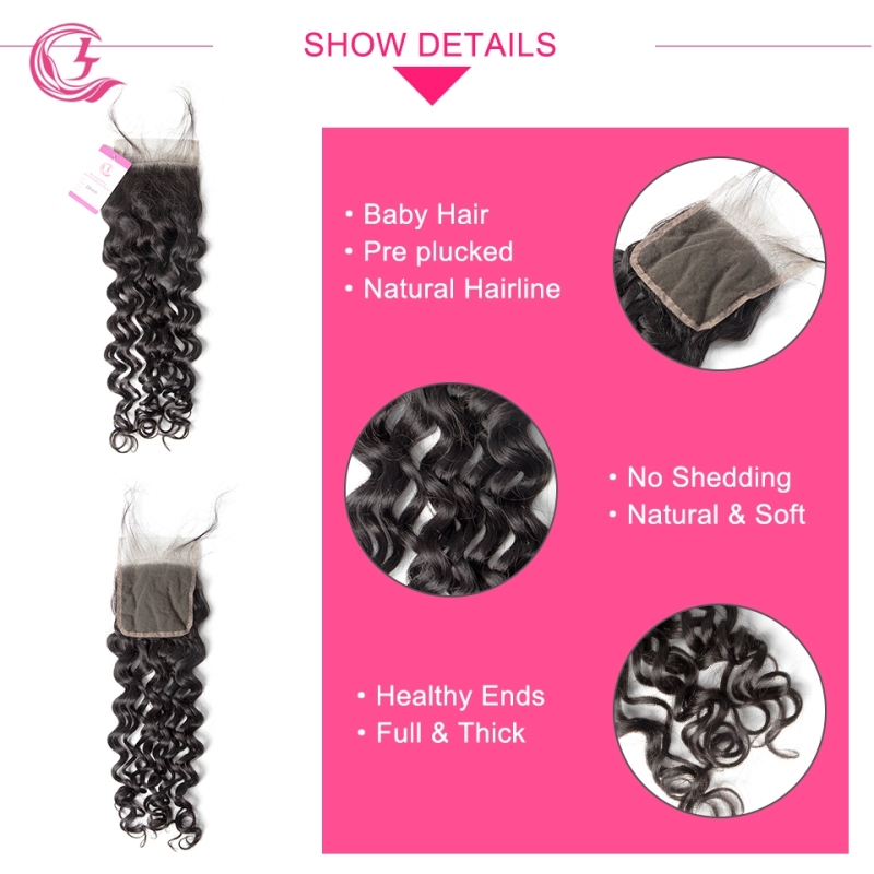 Virgin Hair of French Wave 4X4 closure Natural black color 130 density For Medium High Marke