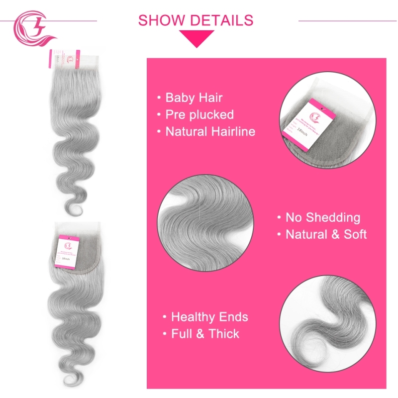 Virgin Hair of Body wave 4X4 closure Gray# 130% density With Transparent Lace For Medium High Market