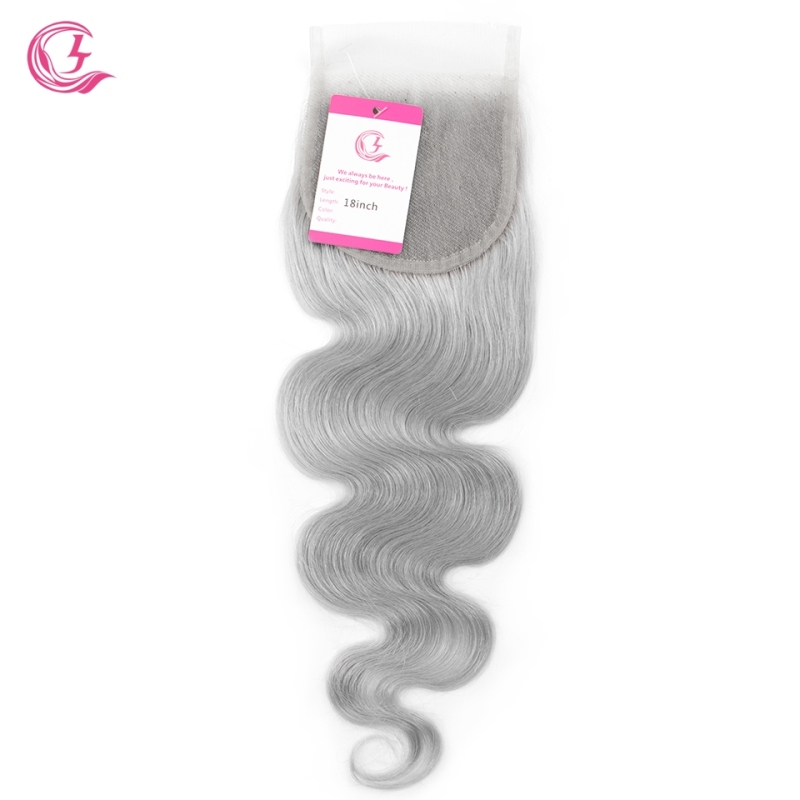 Virgin Hair of Body wave 4X4 closure Gray# 130% density With Transparent Lace For Medium High Market