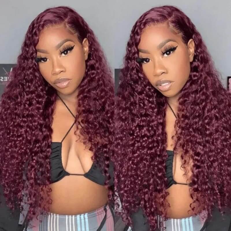 CLJHair 99J 13x4 Lace Frontal Deep Wave Human Hair Wig With Baby Hair