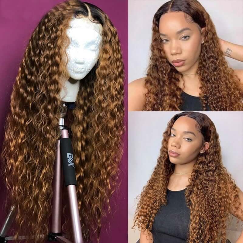 CLJHair 13*4 Lace Frontal Deep Wave Human Hair Wig Piano Brown Highlight Color 150% Density