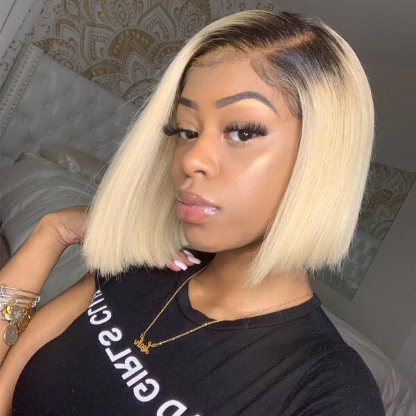 CLJHair 1B/613 Blonde Straight Short Bob Wigs With Dark Roots Human Hair