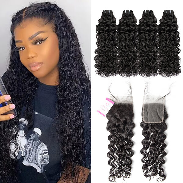 CLJHair virgin water wave 4 bundles with lace closure deals