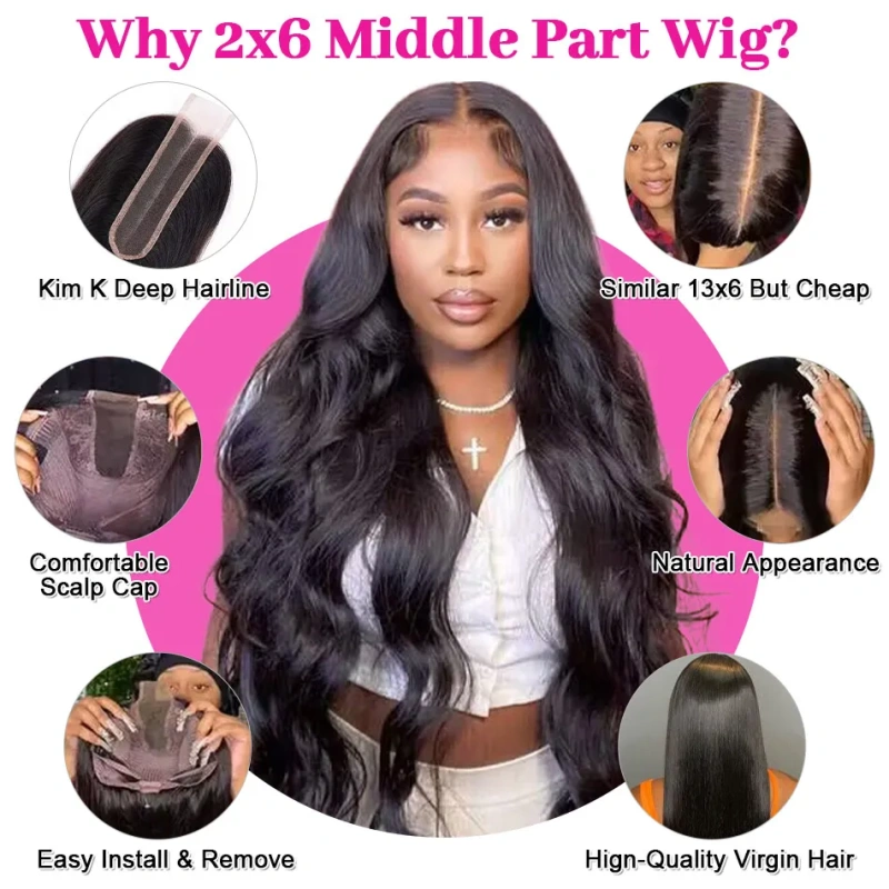 Cljhair【Middle Deep Part】Body Wave 2x6 Kim K HD lace Closure Wig 200%/250% Density Affordable Price Natural