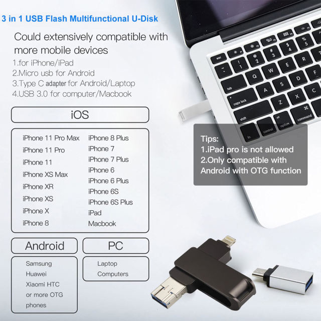 3 in 1  OTG USB Flash Drive Metal 16gb 32GB 64GB 128GB Pendrive Memory Stick