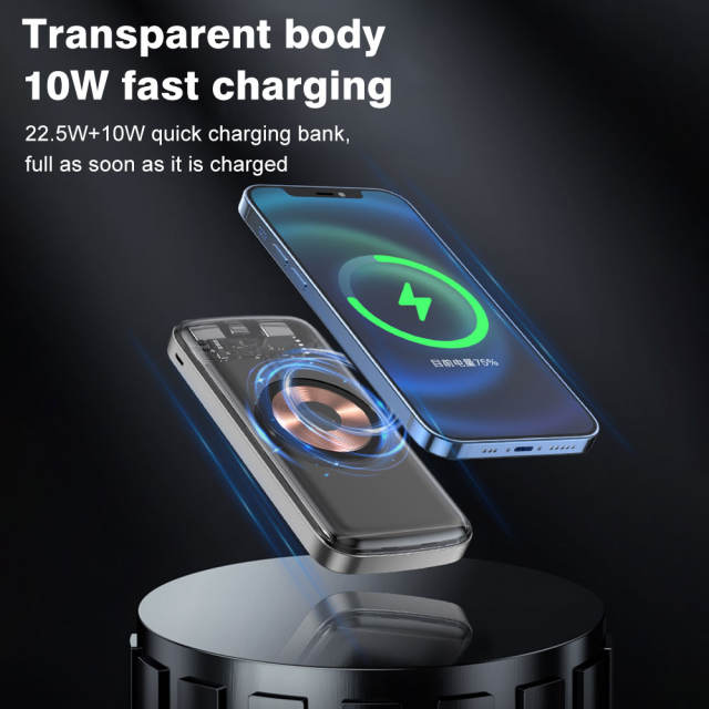 Power Bank Wireless Charging 22.5W 10000mAh Transparent External Battery Pack Mobile Phone Auxiliary Battery For iPhone Xiaomi Samsung