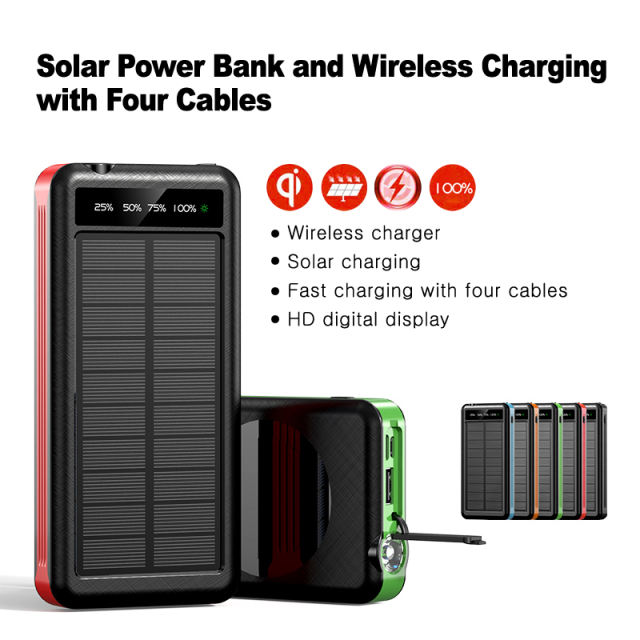 10000mAh Solar Power Bank with 4 Cables Flashlight Outdoor Travel Portable Wireless Charger External Battery for iPhone Xiaomi