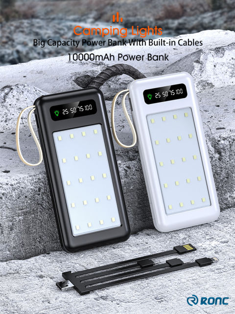Fast Charging Embedded 4 Cables Portable Charger Power Bank 10000mAh with LED Camping Lantern Rechargeable PowerBank