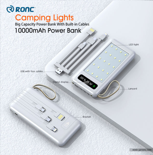 Fast Charging Embedded 4 Cables Portable Charger Power Bank 10000mAh with LED Camping Lantern Rechargeable PowerBank