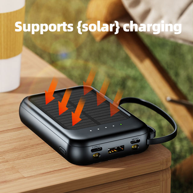Portable Solar Power Bank 10000mAh,Ultra Slim Mini Solar Charger Fast Charging with Built in Cables