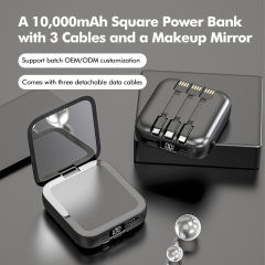 10,000mAh Square Power Bank with 3 Cables and a Makeup Mirror,Portable Power Bank RC-P132