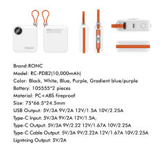 Mini 10000mAh Power Bank with 22.5W Super Fast Charging, PD 20W Two-Way Charging, Built-in USB-C & Lightning Cables – Portable Charger for iPhone & Android RC-PD82