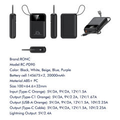 20000mAh Mini Power Bank 22.5W Super Fast Charging, Dual Woven Cables, Graphene Cooling, AI Temperature Control, Portable PD20W Charger for iPhone & Android,RC-PD89