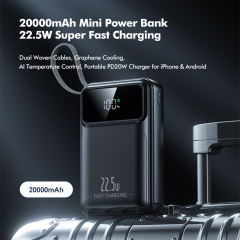 20000mAh Mini Power Bank 22.5W Super Fast Charging, Dual Woven Cables, Graphene Cooling, AI Temperature Control, Portable PD20W Charger for iPhone & Android,RC-PD90