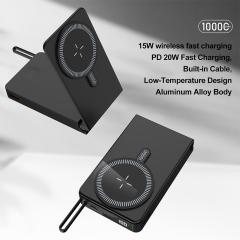 Foldable Magnetic Wireless Power Bank 10000mAh, 15W MagSafe Charger, PD 20W Fast Charging, Built-in Cable, Low-Temperature Design, Aluminum Alloy Body RC-WP042