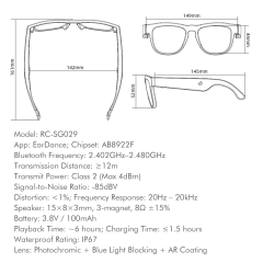 AI Smart TWS Audio Sunglasses, Bluetooth Music & Calling, AI Translation, Photochromic Blue Light Blocking Lenses, IPX4 Waterproof RC-SG029